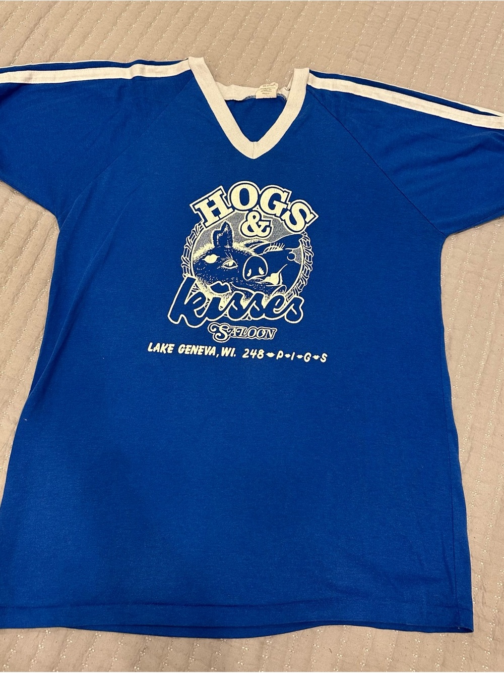 Vintage Blue and White 'Hog's & Kisses' Graphic Tee - Lake Geneva Wi